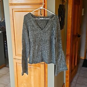 Stunning warm grey marled sweater with trumpet sleeve